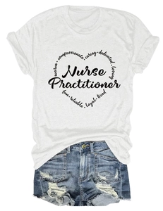 Flat lay of white Nurse Practitioner heart T-shirt paired with denim shorts