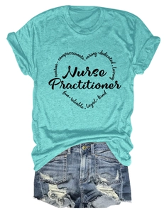 Detail of teal Nurse Practitioner t-shirt featuring a heart shape of caring words