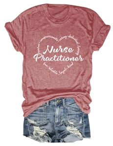 Macro shot of Nurse Practitioner print on a vintage brick red fabric with denim shorts