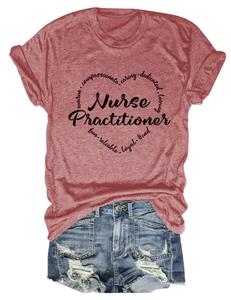 Flat lay of red heather t-shirt with Nurse Practitioner print and denim shorts