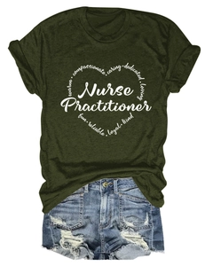 Flat lay of army green Nurse Practitioner t-shirt with heart graphic and denim shorts