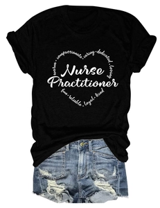 Detailed flat lay of black cotton t-shirt with heart nurse practitioner print and denim shorts