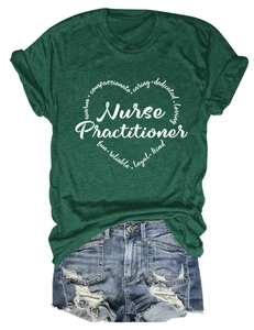 Detail of heart-shaped Nurse Practitioner text design on a dark green cotton t-shirt