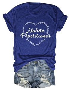 Flat lay of navy blue Nurse Practitioner t-shirt with heart graphic and denim shorts