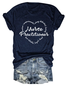 Flat lay of navy Nurse Practitioner t-shirt and distressed denim shorts set for women