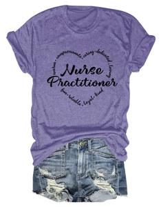 Detailed look at purple nurse practitioner t-shirt with heart graphic and denim shorts