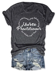 Flat lay of a grey Nurse Practitioner heart print t-shirt and blue distressed denim shorts