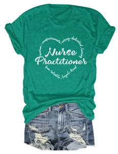 Flat lay of a green Nurse Practitioner T-shirt paired with distressed denim shorts set