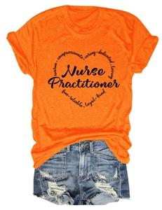 Close-up of heart-shaped graphic print with Nurse Practitioner text on orange t-shirt