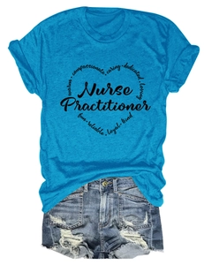 Detailed flat lay of blue nurse practitioner t-shirt with ripped denim shorts