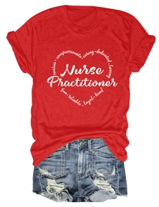 Detailed view of red nurse practitioner t-shirt with heart graphic and denim shorts