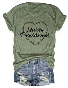 Detail of heather green Nurse Practitioner t-shirt paired with distressed denim shorts