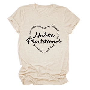 Detail of Nurse Practitioner heart-shaped text design on a beige cotton t-shirt