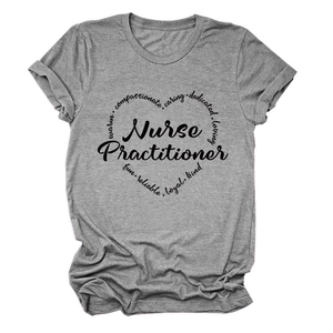 Detail of grey Nurse Practitioner T-shirt with heart-shaped typography design
