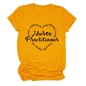 Detail of heart-shaped Nurse Practitioner text design on orange cotton blend t-shirt