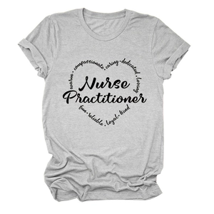 Close-up of light gray cotton T-shirt featuring Nurse Practitioner heart typography design