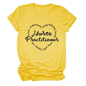 Detail of yellow nurse practitioner t-shirt showing heart-shaped typography and roll-up sleeves