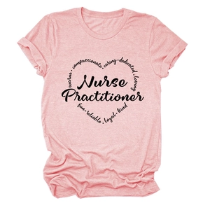 Detail of pink heather Nurse Practitioner T-shirt with heart-shaped word cloud print