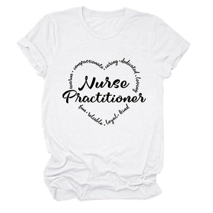 Detail of nurse practitioner heart graphic print on a white short sleeve cotton t-shirt