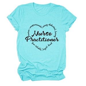 Detail of mint green Nurse Practitioner T-shirt with heart-shaped typography and crew neck