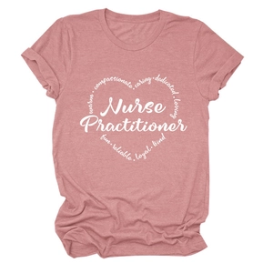 Detail of Nurse Practitioner print on dusty rose t-shirt with compassionate heart pattern