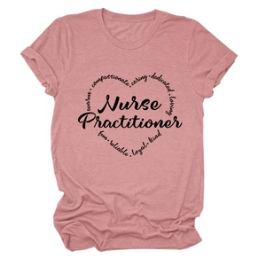 Close-up of heart-shaped Nurse Practitioner typography print on a dusty rose T-shirt