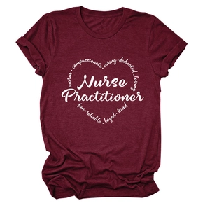 Detail of burgundy T-shirt showing Nurse Practitioner heart graphic with caring words