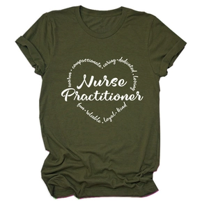 Detail of Nurse Practitioner print on olive green t-shirt with caring heart words