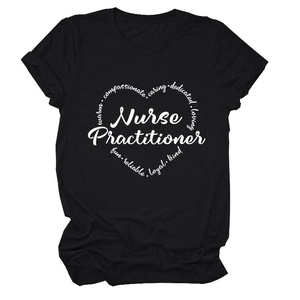Detail of Nurse Practitioner heart text print on black cotton short sleeve t-shirt