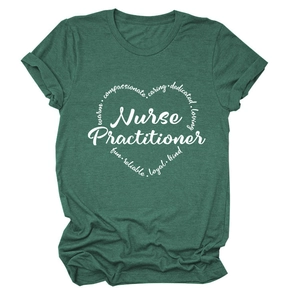 Detailed close-up of Nurse Practitioner heart graphic on dark green short sleeve T-shirt