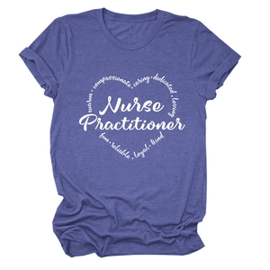 Detail of Nurse Practitioner print on heathered purple short sleeve crewneck t-shirt