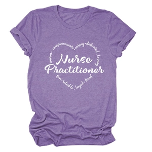 Detailed close-up of the heather purple Nurse Practitioner heart print t-shirt fabric