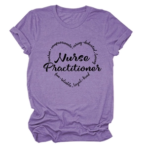 Detail of the heart-shaped nurse practitioner typography on purple heather T-shirt