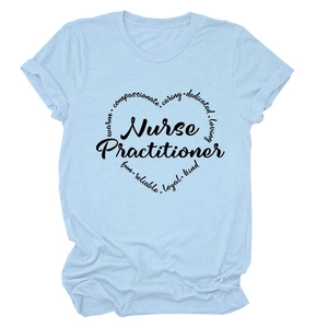 Detail of light blue t-shirt with Nurse Practitioner heart graphic and descriptive words