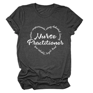Dark grey nurse practitioner cotton t-shirt with heart-shaped professional word cloud print