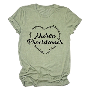 Detailed flat lay of a light green Nurse Practitioner t-shirt with heart-shaped text design