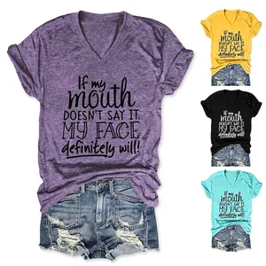 T-Shirt Décontracté pour Femmes en Mélange de Coton avec Col en V Imprimé Lettres Amusantes Noeud à l'Ourlet Manches Courtes