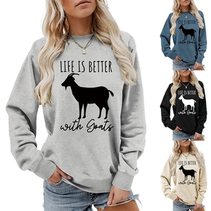 Detail view of cotton blend sweatshirt showing LIFE IS BETTER with Goats slogan in four colors