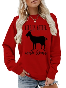 Detail of red crewneck sweatshirt featuring LIFE IS BETTER with Goats graphic and ribbing