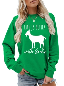 Detail of green LIFE IS BETTER with Goats graphic sweatshirt neck and ribbed cuffs
