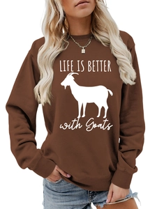 Detail of caramel brown sweatshirt with Life Is Better With Goats print and animal silhouette