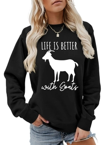 Detail of LIFE IS BETTER with Goats graphic print on a black crewneck sweatshirt