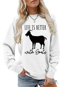 Detail of white crewneck sweatshirt featuring Life is Better with Goats graphic print
