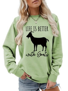 Close-up of Life Is Better With Goats print on sage green crewneck sweatshirt