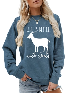 Detail of ribbed neckline and 'LIFE IS BETTER with Goats' print on blue sweatshirt
