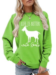 Close-up of LIFE IS BETTER with Goats slogan and goat silhouette on green sweatshirt