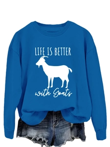Close-up of LIFE IS BETTER with Goats graphic on a royal blue long sleeve sweatshirt