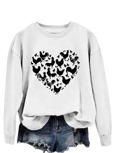 Close-up of heart-shaped chicken print on white round neck long sleeve sweatshirt