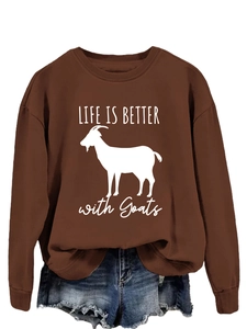 Detail of crewneck sweatshirt featuring LIFE IS BETTER with Goats print and ribbed cuffs