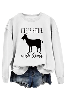 Close-up of white crewneck sweatshirt with minimalist goat print and Life is Better text
